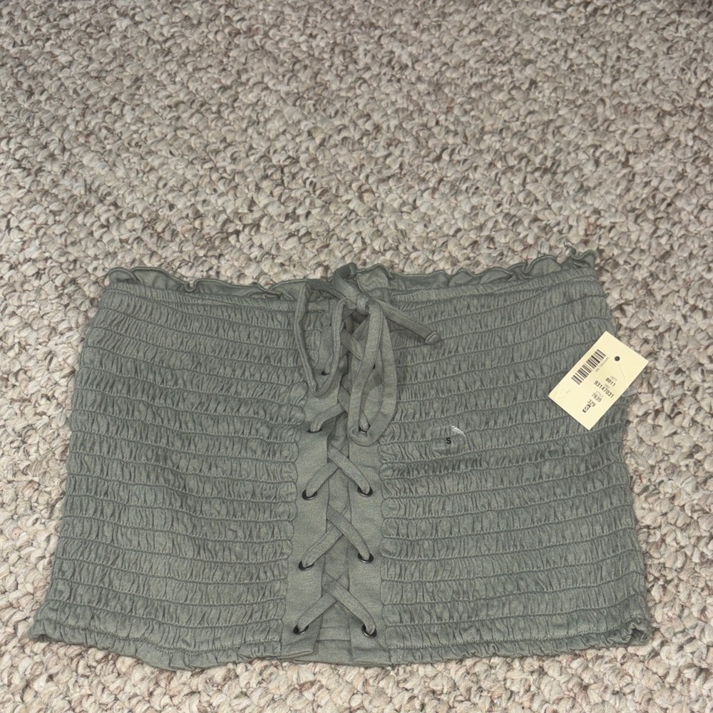 Aeropostale Sage Green Smocked Lace-Up Crop Top